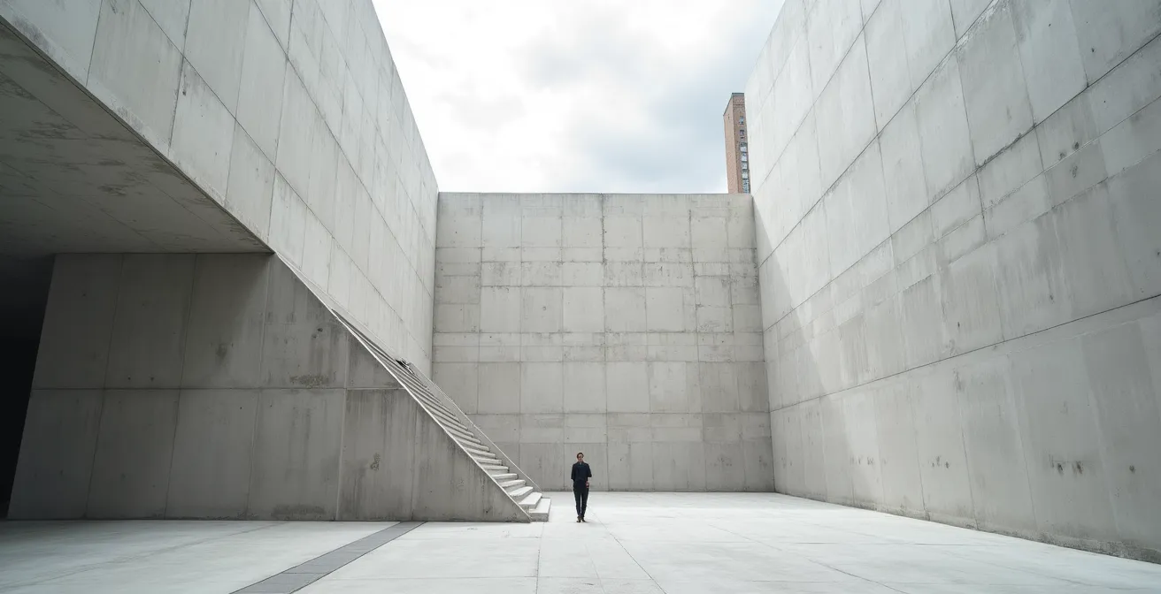 Architecture brutaliste épurée avec lignes géométriques et espace négatif