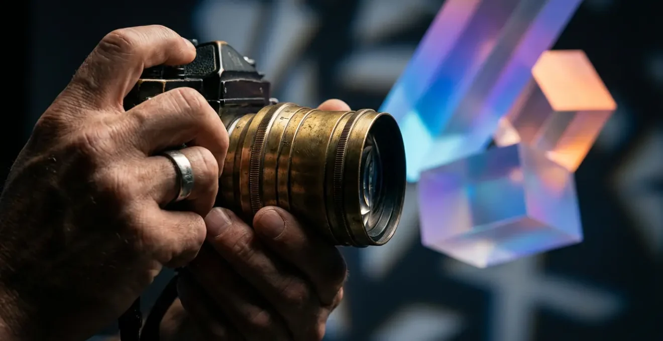 Photographe créatif manipulant un objectif vintage au milieu d'éléments visuels modernes