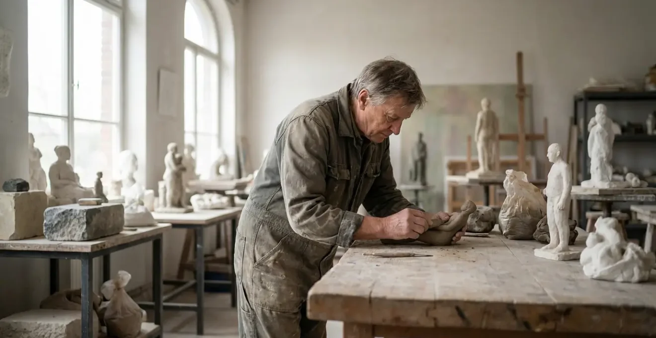 Photographe sculptant méticuleusement une œuvre dans un atelier lumineux, illustrant la pratique ciblée et délibérée
