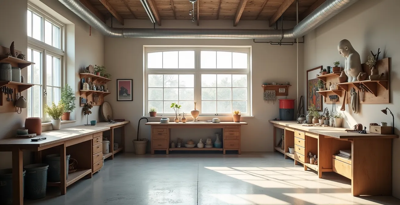 Atelier de sculpture organisé avec équipements de protection et poste de travail ergonomique baigné de lumière naturelle