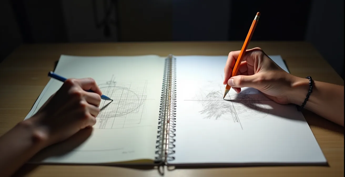 Vue en plan divisée montrant une main d'artiste utilisant une grille sur la gauche et le décalquage sur table lumineuse à droite