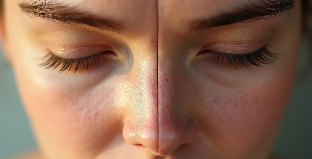 Comparaison côte à côte d'un portrait montrant l'effet du lissage excessif sur la texture de la peau