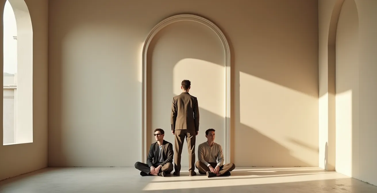 Composition photographique montrant trois personnes disposées en triangle parfait dans un intérieur classique