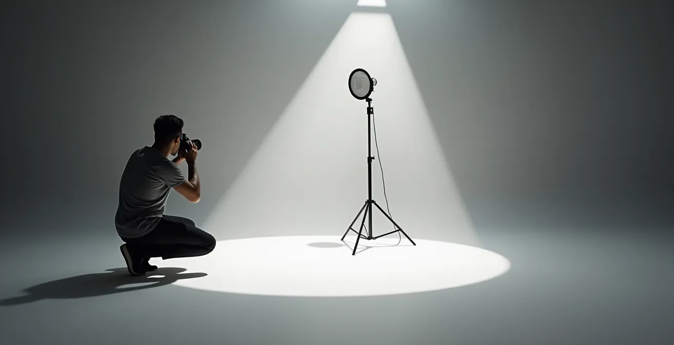 Configuration d'éclairage avec flash déporté créant un éclairage Rembrandt sur un portrait