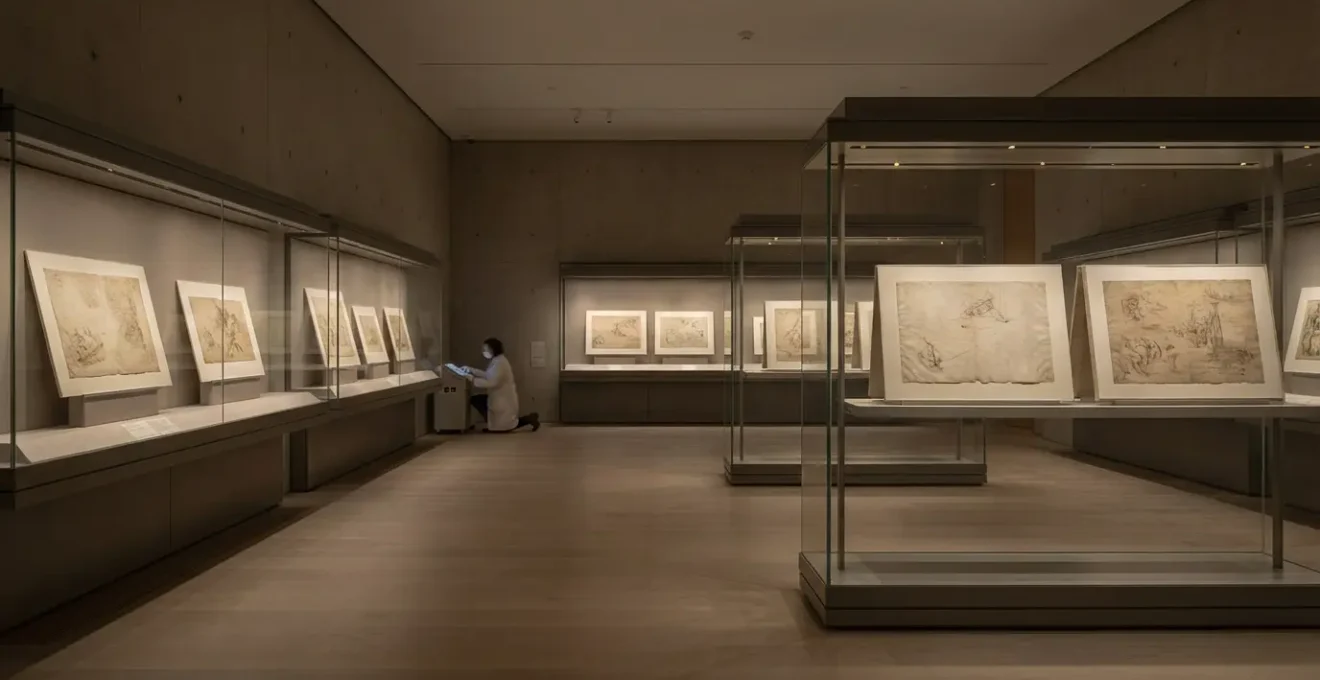 Salle d'exposition avec éclairage tamisé protégeant des dessins anciens sous vitrine