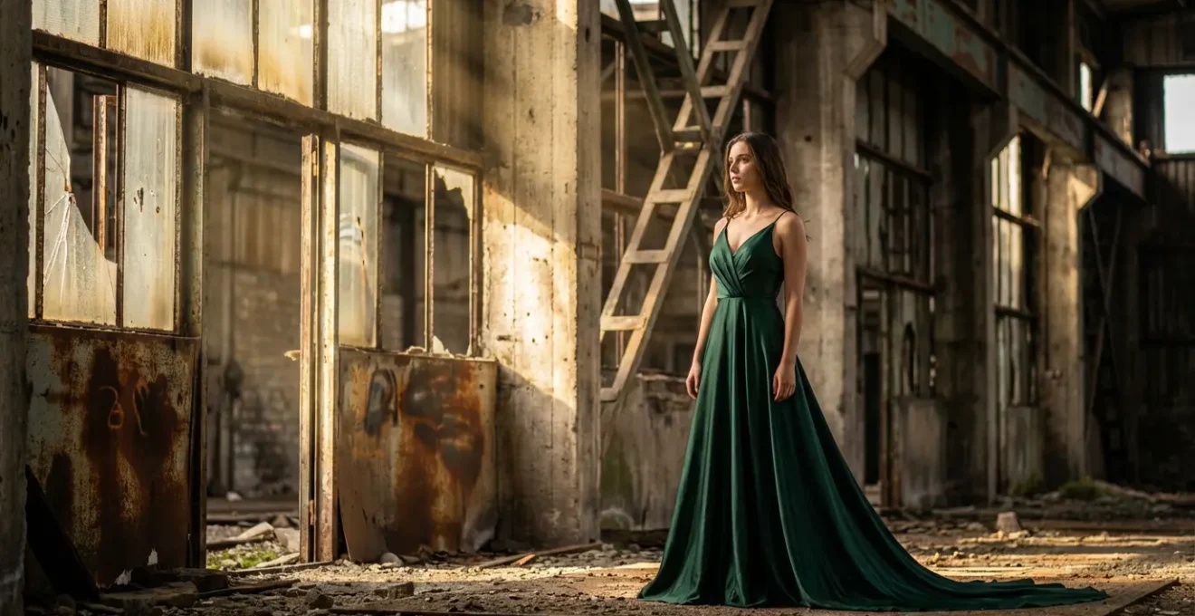 Robe de soirée photographiée dans un environnement industriel brut créant un contraste narratif puissant