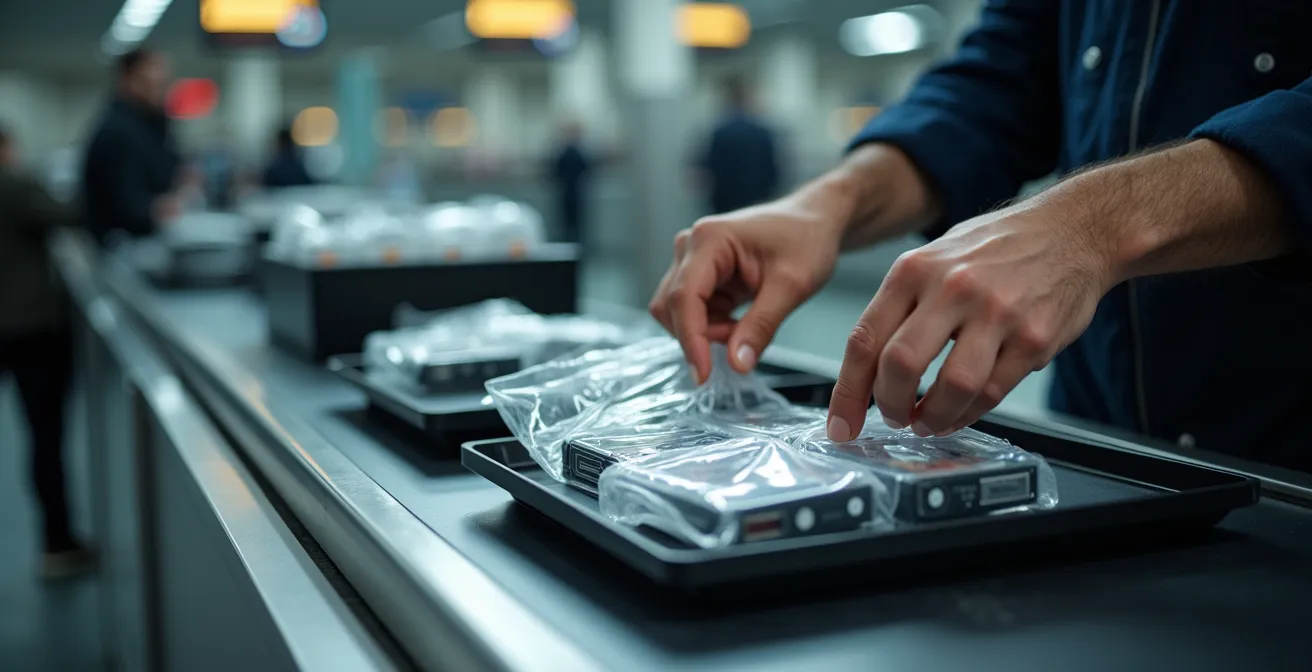 Vue aérienne d'un poste de contrôle de sécurité d'aéroport avec équipements photographiques