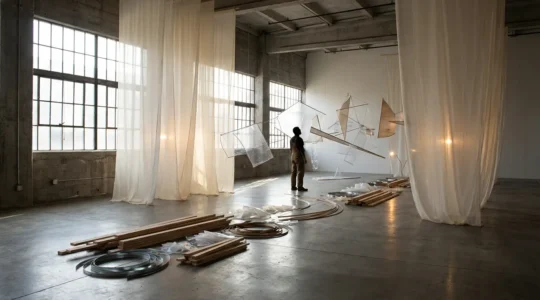 Artiste concepteur transformant l'atelier en espace d'expérimentation spatiale avec matériaux et lumières