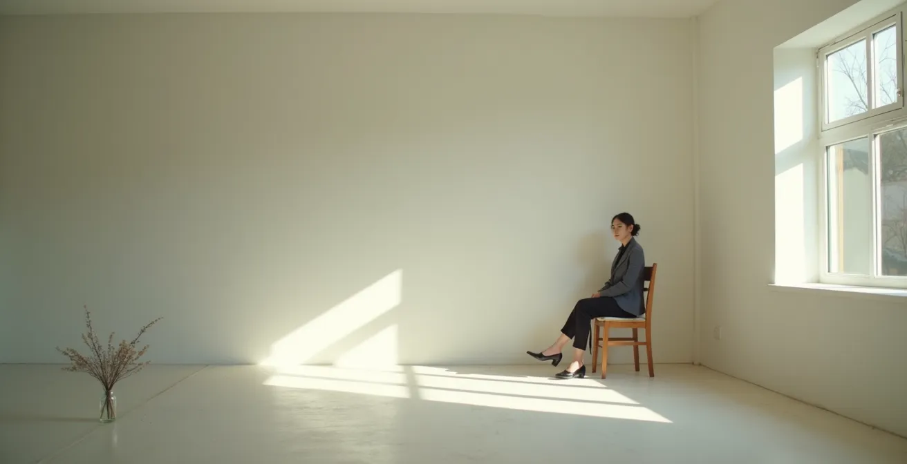 Portrait cinématographique avec décor épuré utilisant l'espace négatif et une seule chaise vintage