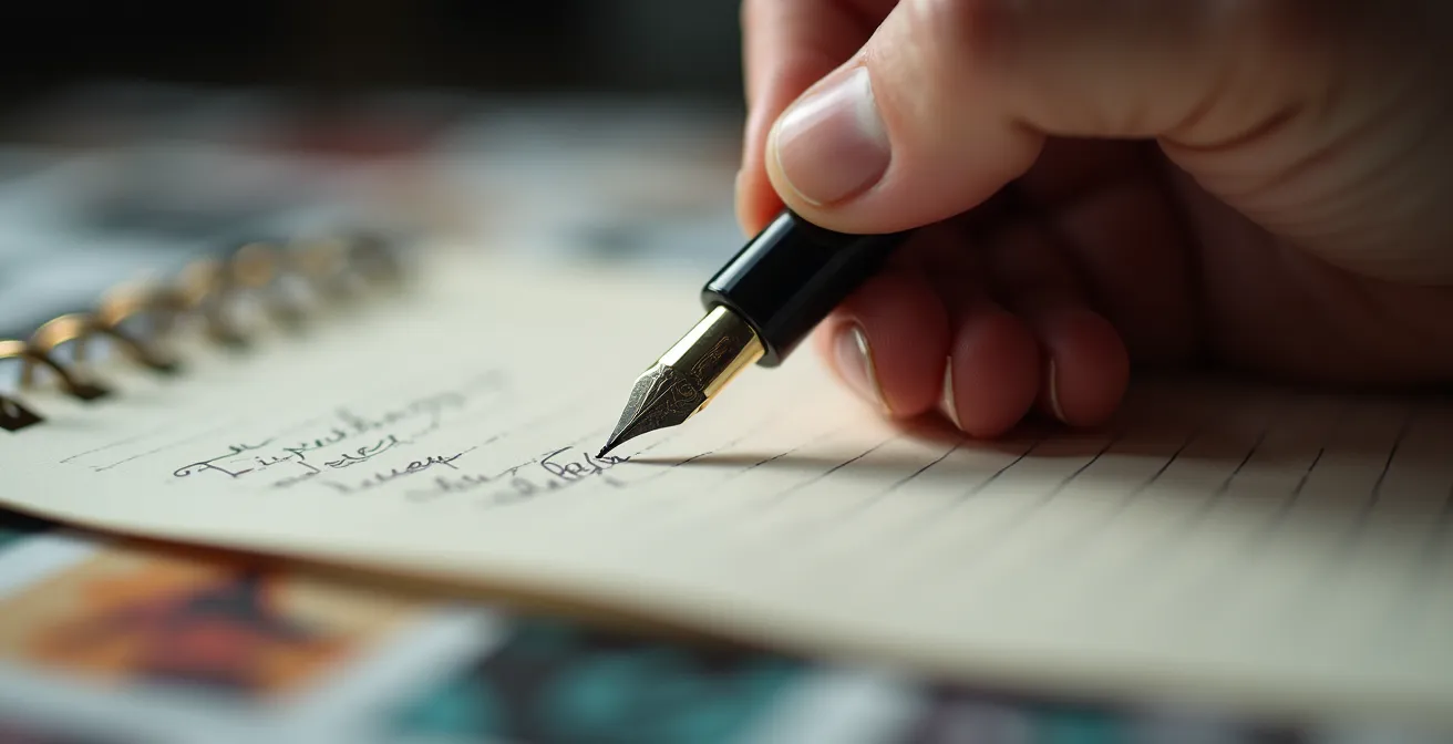 Vue macro sur des mains tenant un stylo plume au-dessus d'un carnet ouvert, avec des tirages photos flous en arrière-plan