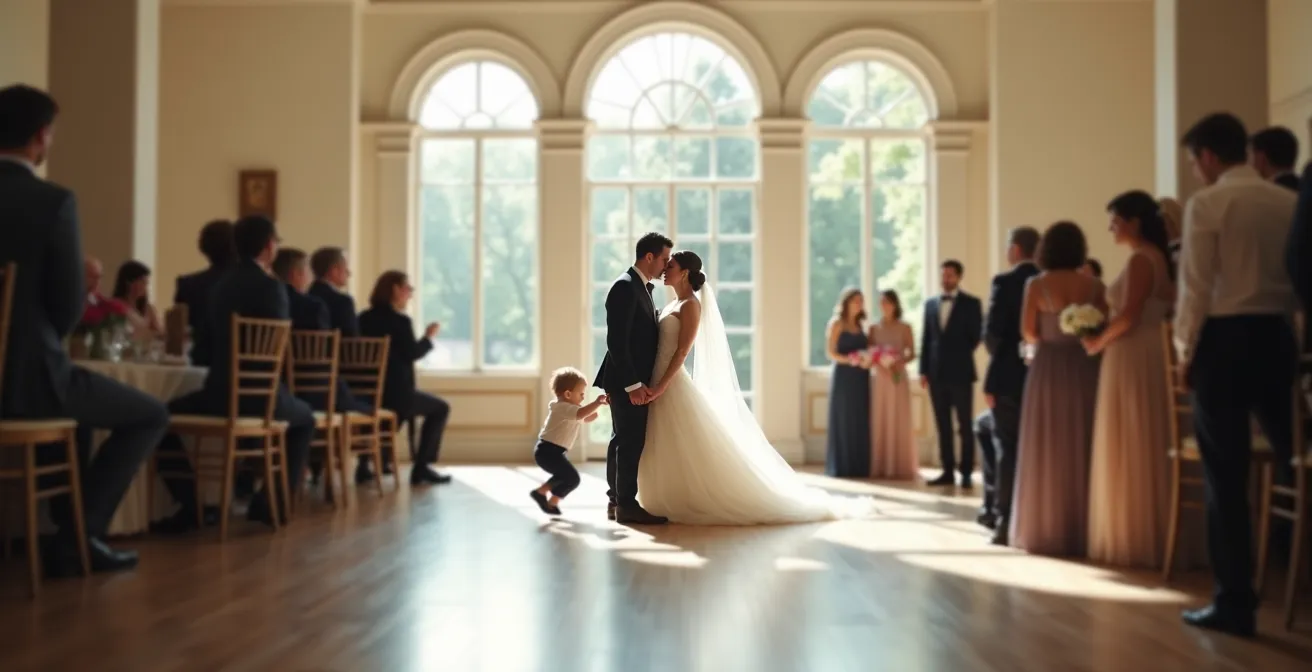 Photographie de mariage illustrant la technique du double-sujet avec mariés et invité