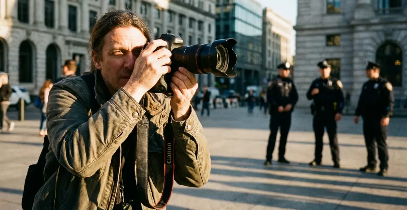 Photographe documentant une manifestation publique face aux forces de l'ordre, appareil photo professionnel à la main