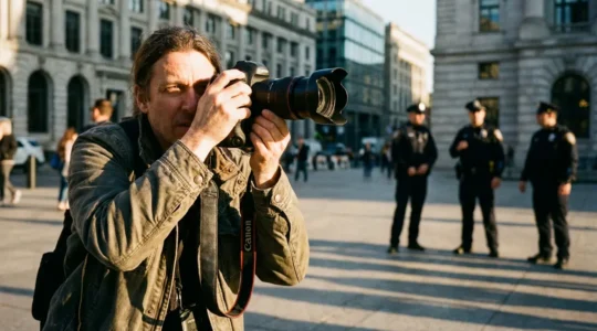 Photographe documentant une manifestation publique face aux forces de l'ordre, appareil photo professionnel à la main
