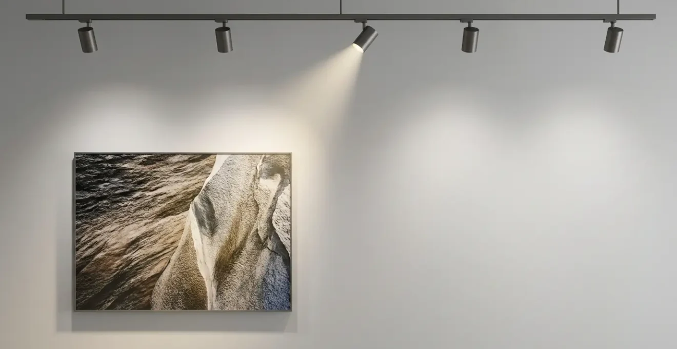 Système d'éclairage professionnel avec spots sur rail éclairant une œuvre encadrée sans créer de reflets, angle d'incidence optimal visible