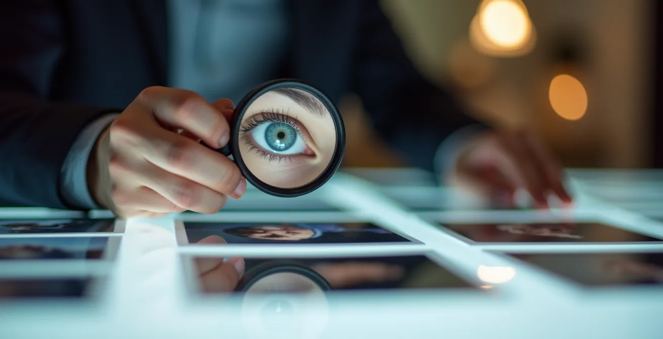 Photographe sélectionnant des images sur une table lumineuse avec des photos étalées