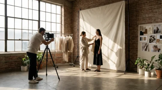 Séance de shooting mode avec équipe réduite travaillant dans un studio improvisé, direction créative collaborative