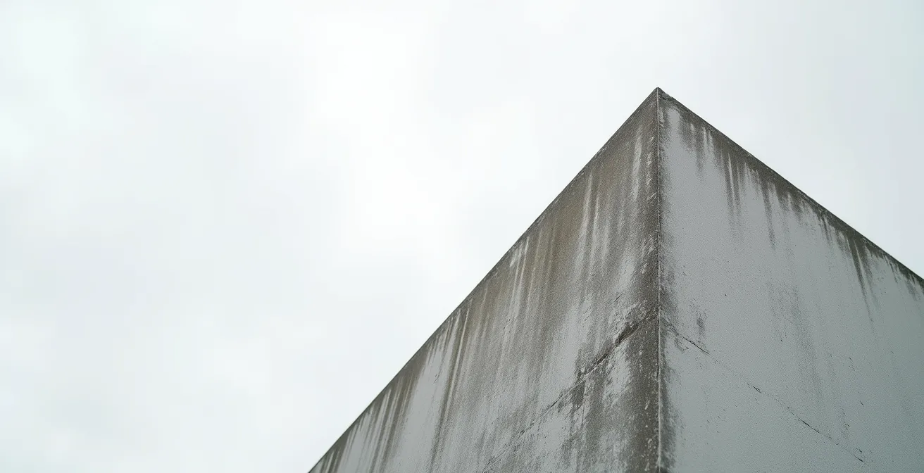 Composition minimaliste urbaine où l'espace vide forme la ligne de fuite principale entre deux bâtiments