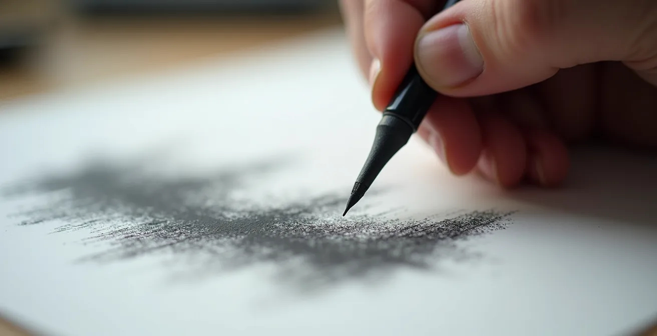 Main tenant une estompe papier travaillant un dégradé de graphite sur papier à grain