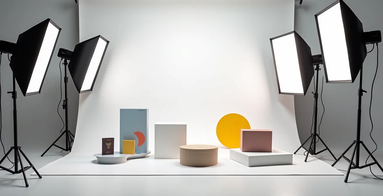Configuration de studio photo professionnelle avec charte colorimétrique pour calibrage des couleurs produit