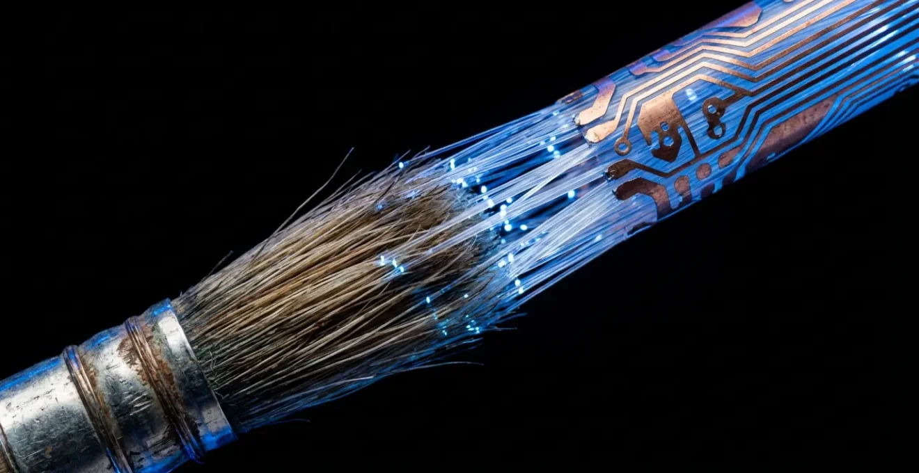 Macro photographie d'un pinceau d'artiste dont les poils se transforment progressivement en circuits électroniques lumineux sur fond noir