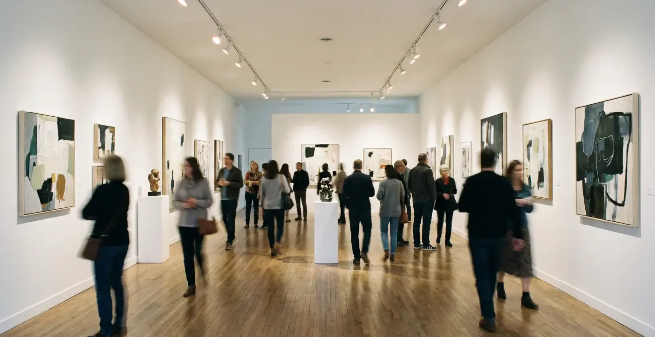 Vue d'ensemble d'une galerie d'art moderne avec des visiteurs contemplant des œuvres accrochées sur des murs blancs, éclairage professionnel créant une atmosphère immersive