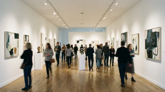 Vue d'ensemble d'une galerie d'art moderne avec des visiteurs contemplant des œuvres accrochées sur des murs blancs, éclairage professionnel créant une atmosphère immersive
