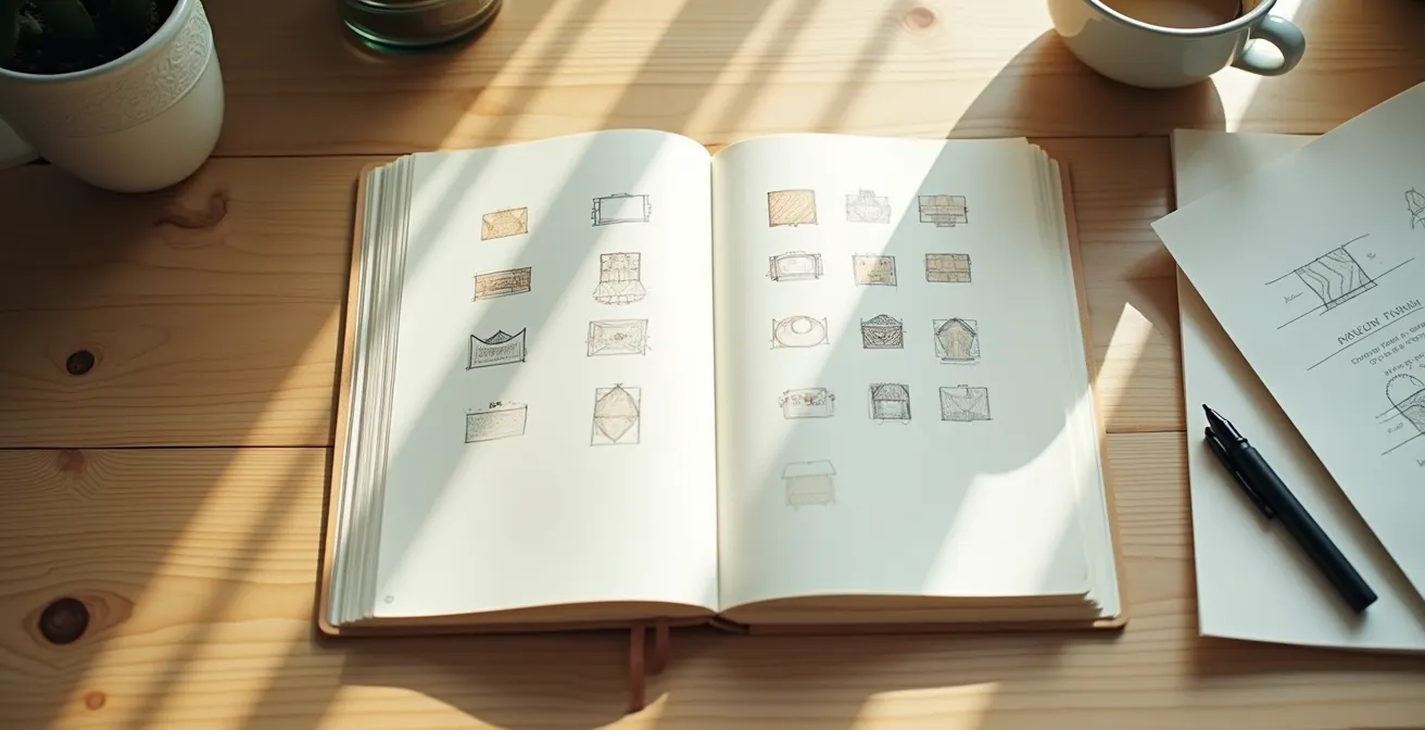 Page de carnet avec grille de petites miniatures esquissées rapidement au crayon