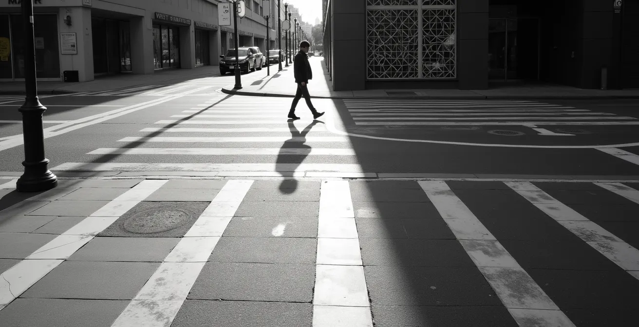 Composition urbaine démontrant le parcours visuel guidé par des lignes de fuite multiples et des points de friction