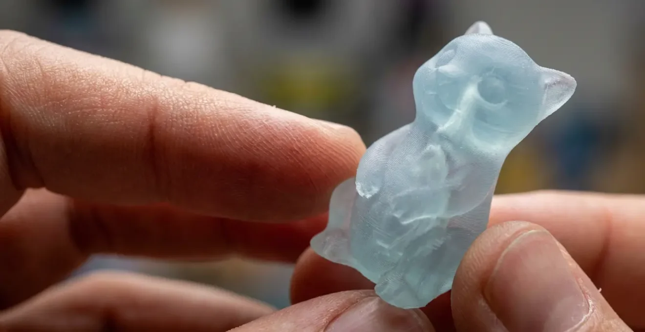 Mains tenant délicatement une figurine imprimée en 3D résine avec détails fins visibles sous lumière naturelle