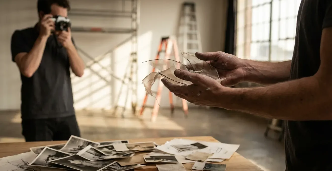Documentation d'une installation artistique en cours de démontage avec archives visuelles