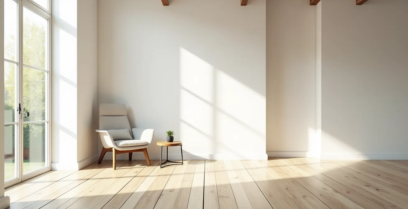 Photographie d'intérieur minimaliste montrant la profondeur créée par des lignes de fuite et des plans successifs