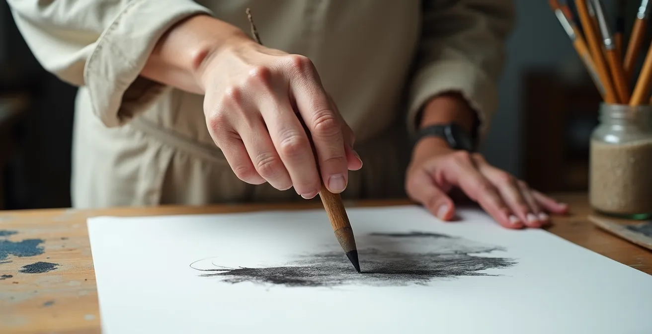 Main d'artiste utilisant un support pour surélever sa main au-dessus du papier pendant le dessin à l'encre
