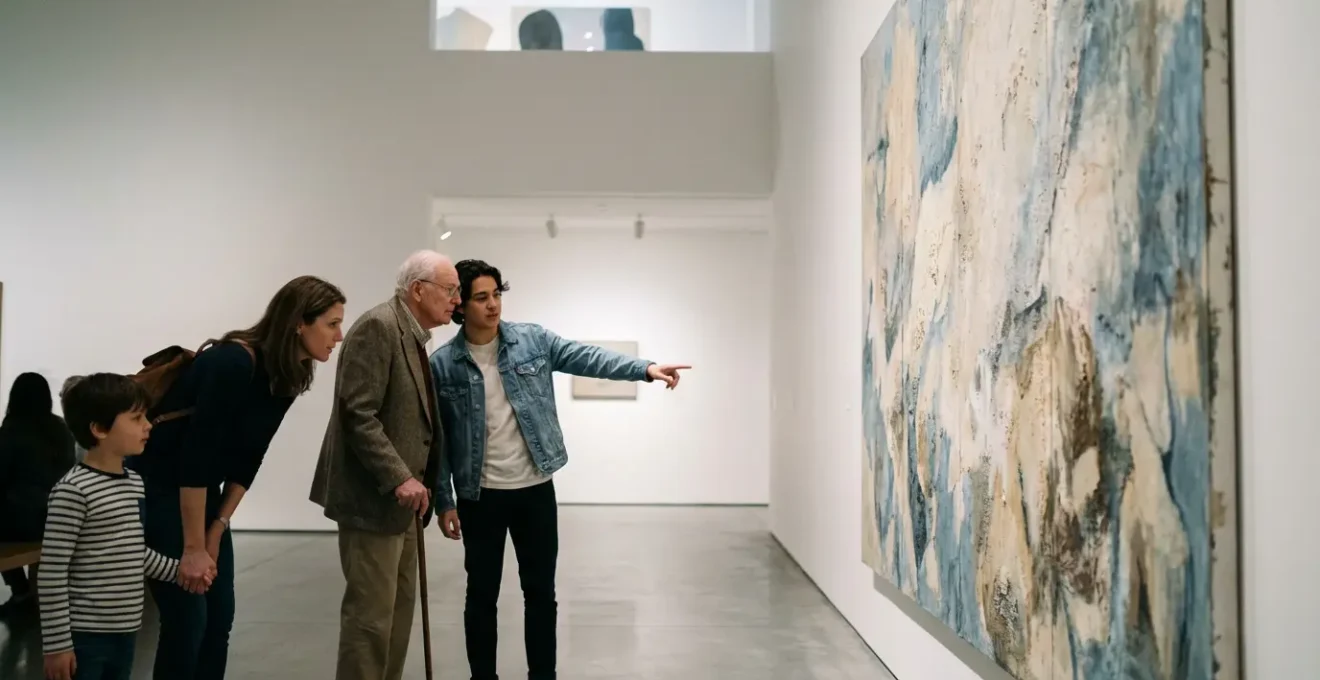 Scène de médiation culturelle dans un musée contemporain avec des visiteurs contemplant une œuvre d'art