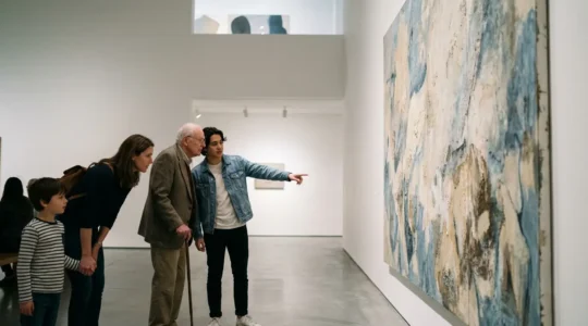 Scène de médiation culturelle dans un musée contemporain avec des visiteurs contemplant une œuvre d'art