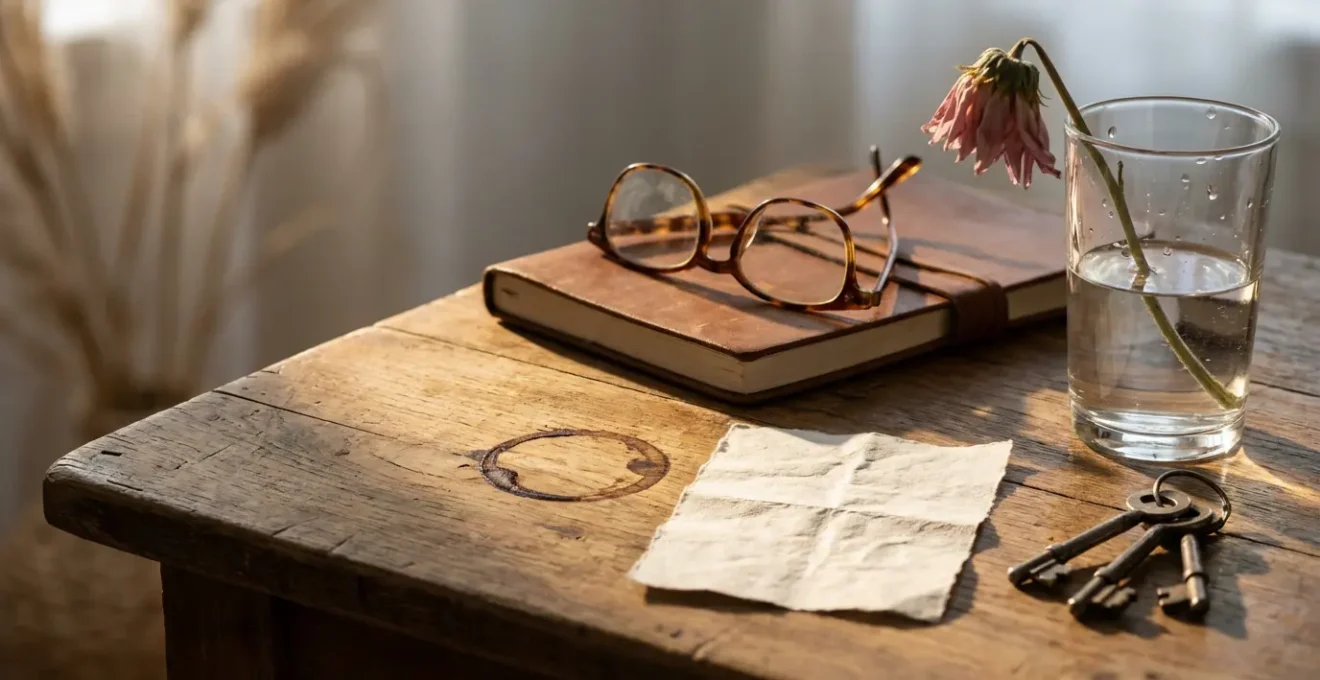 Nature morte contemporaine d'objets du quotidien racontant une histoire personnelle