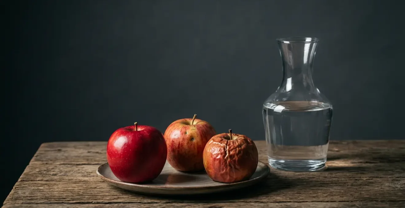 Composition de nature morte avec trois pommes disposées en triangle et une carafe en verre sur une table en bois rustique, éclairée avec une lumière douce et des ombres dramatiques