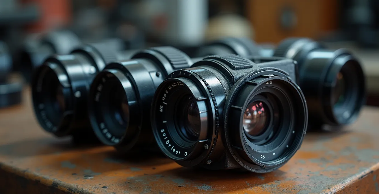 Gros plan sur des objectifs vintage manuels montés avec bagues d'adaptation