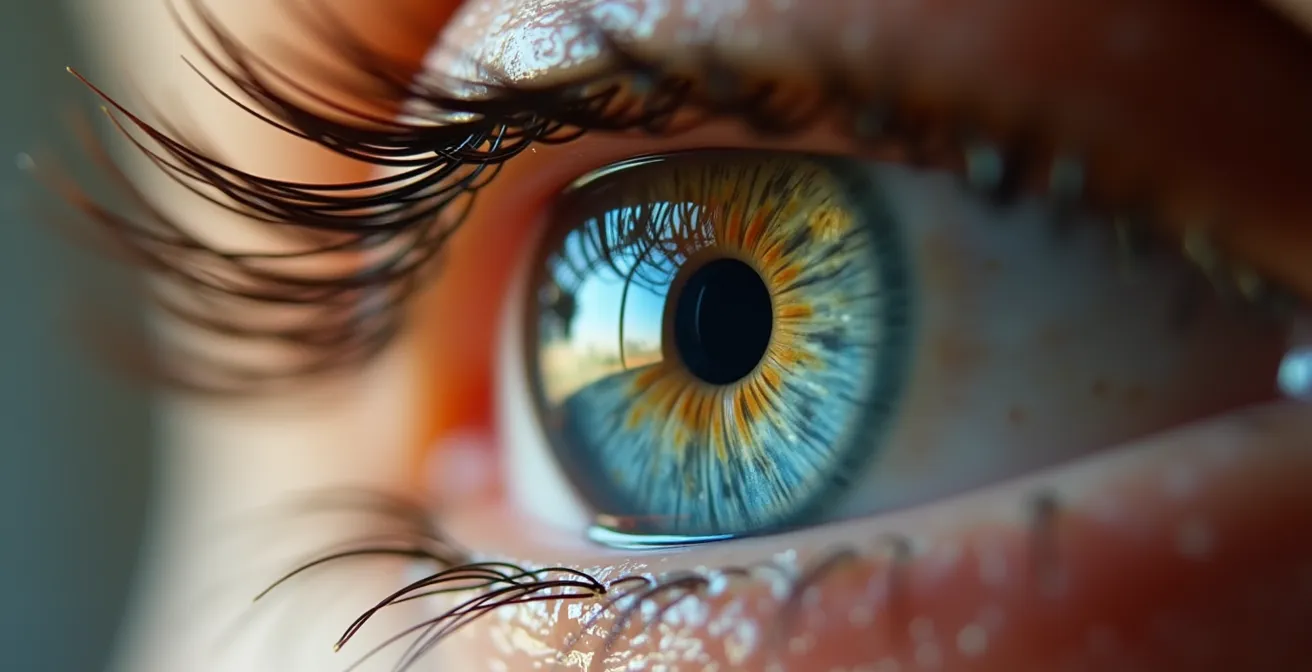 Gros plan extrême sur un œil humain montrant les détails de l'iris et les reflets de lumière