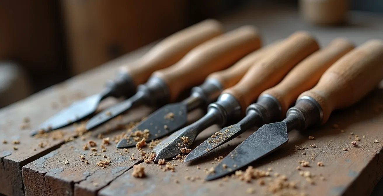 Arrangement artistique d'outils de sculpture traditionnels sur établi de bois avec copeaux et poussière de pierre