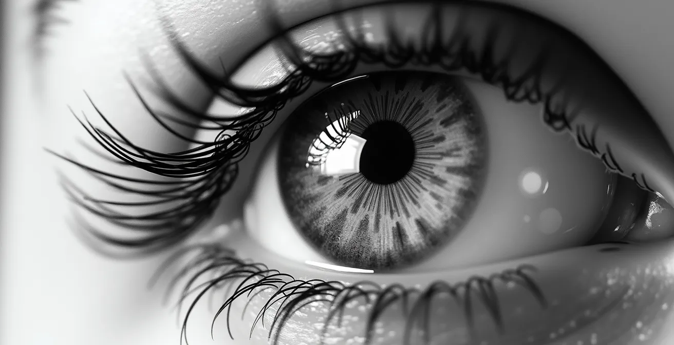 Vue macro d'un œil en cours de dessin montrant différentes étapes de détail et texture de la peau