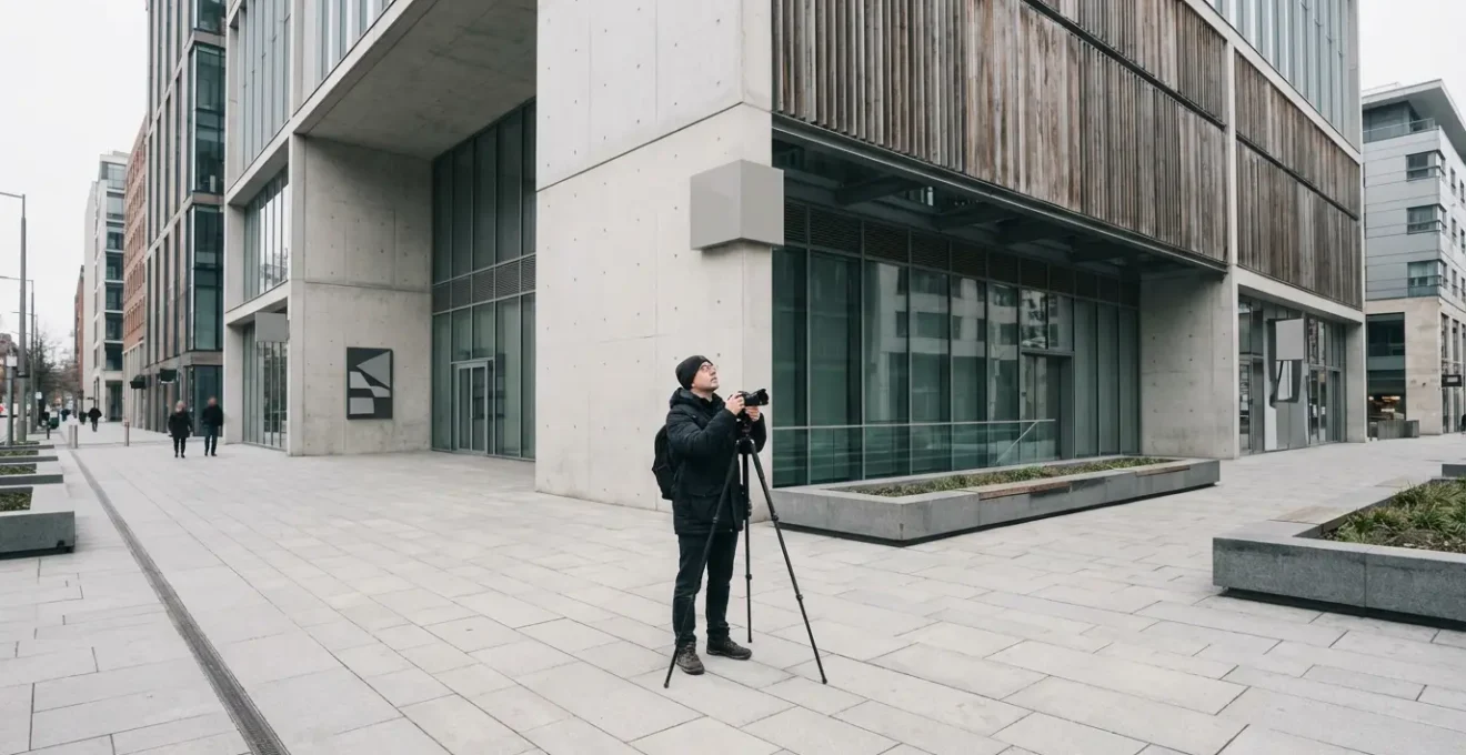 Photographe capturant la façade d'un immeuble haussmannien depuis le trottoir opposé