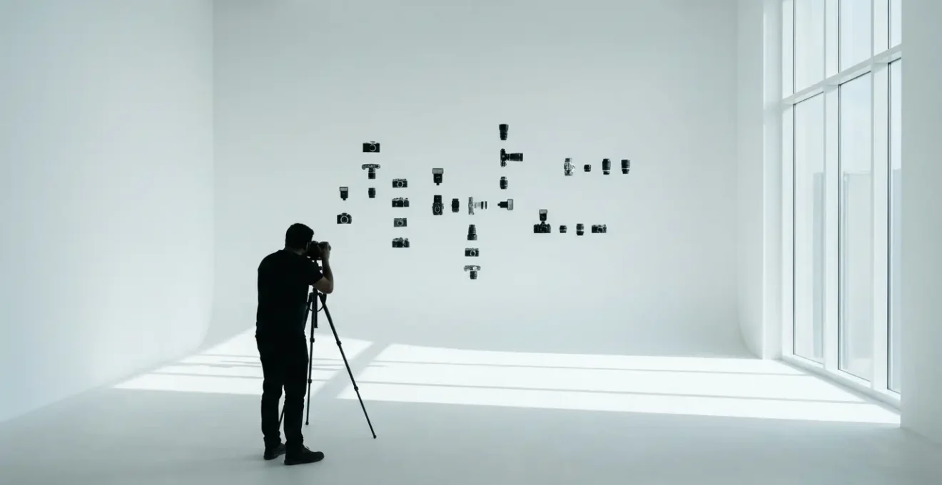 Photographe créant du contenu avec équipement professionnel dans environnement minimaliste