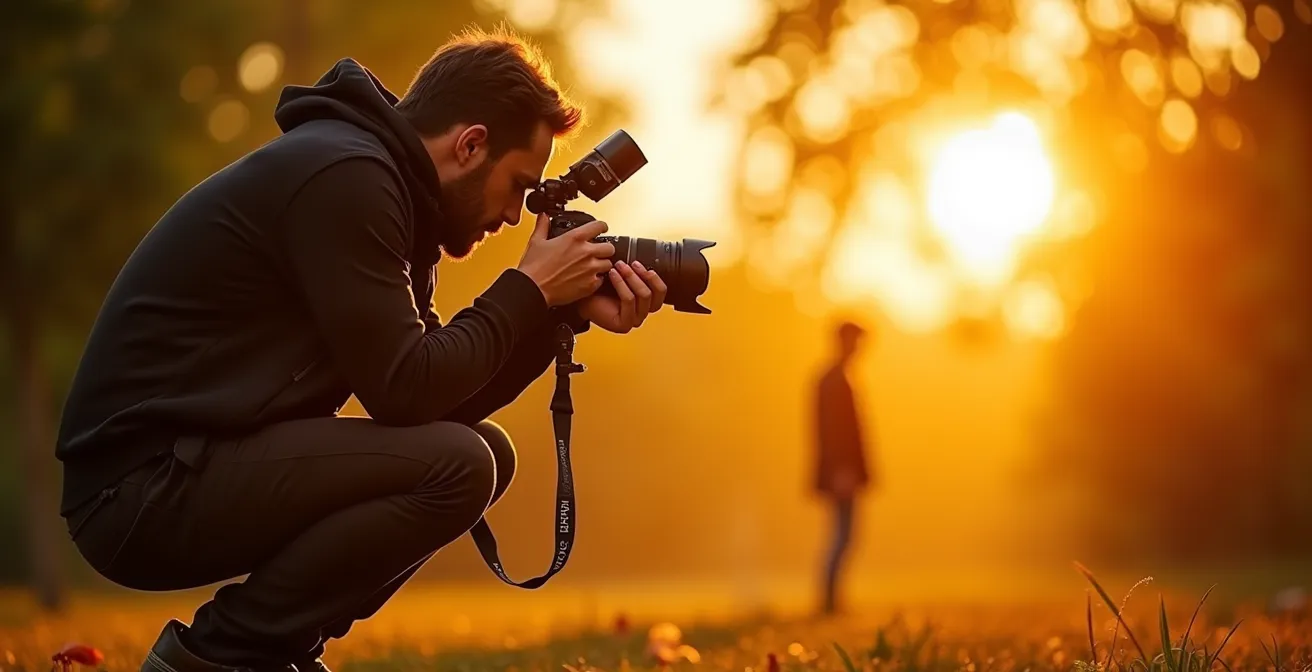 Photographe utilisant un flash cobra en extérieur sous fort ensoleillement pour créer un effet de fill-in sur un portrait