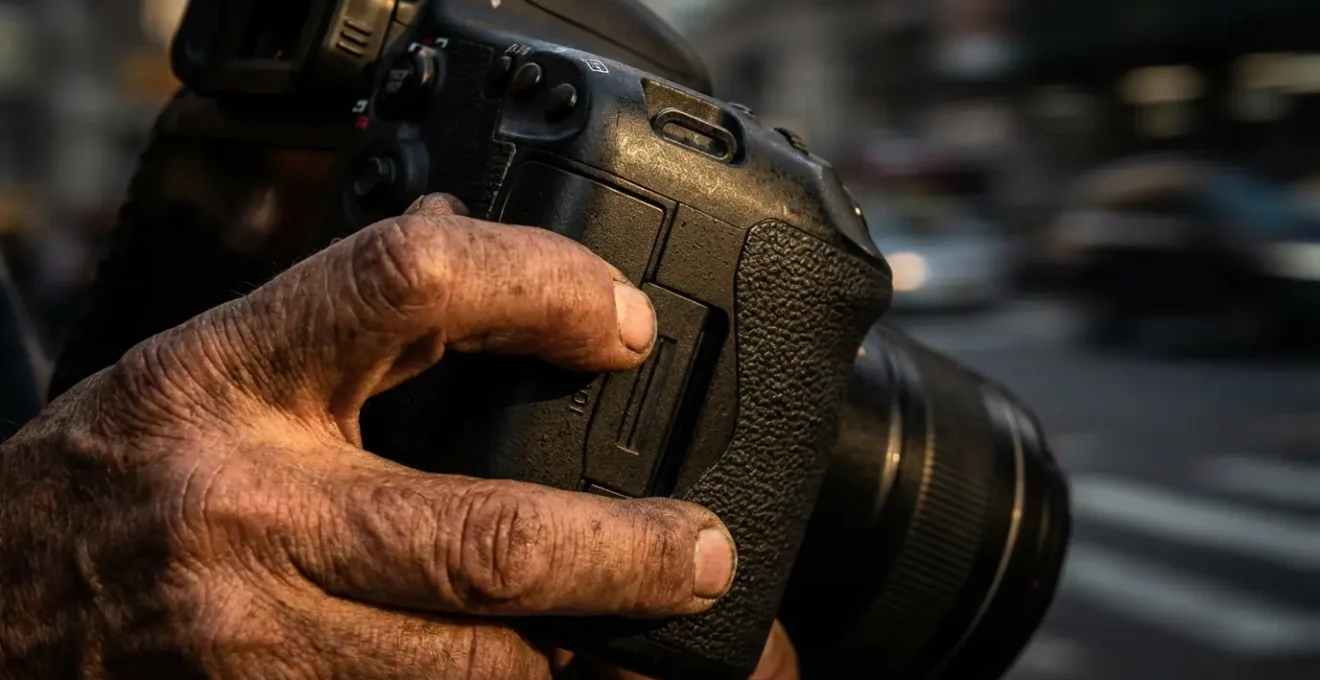 Main de photographe protégeant son appareil photo lors d'une confrontation dans l'espace public