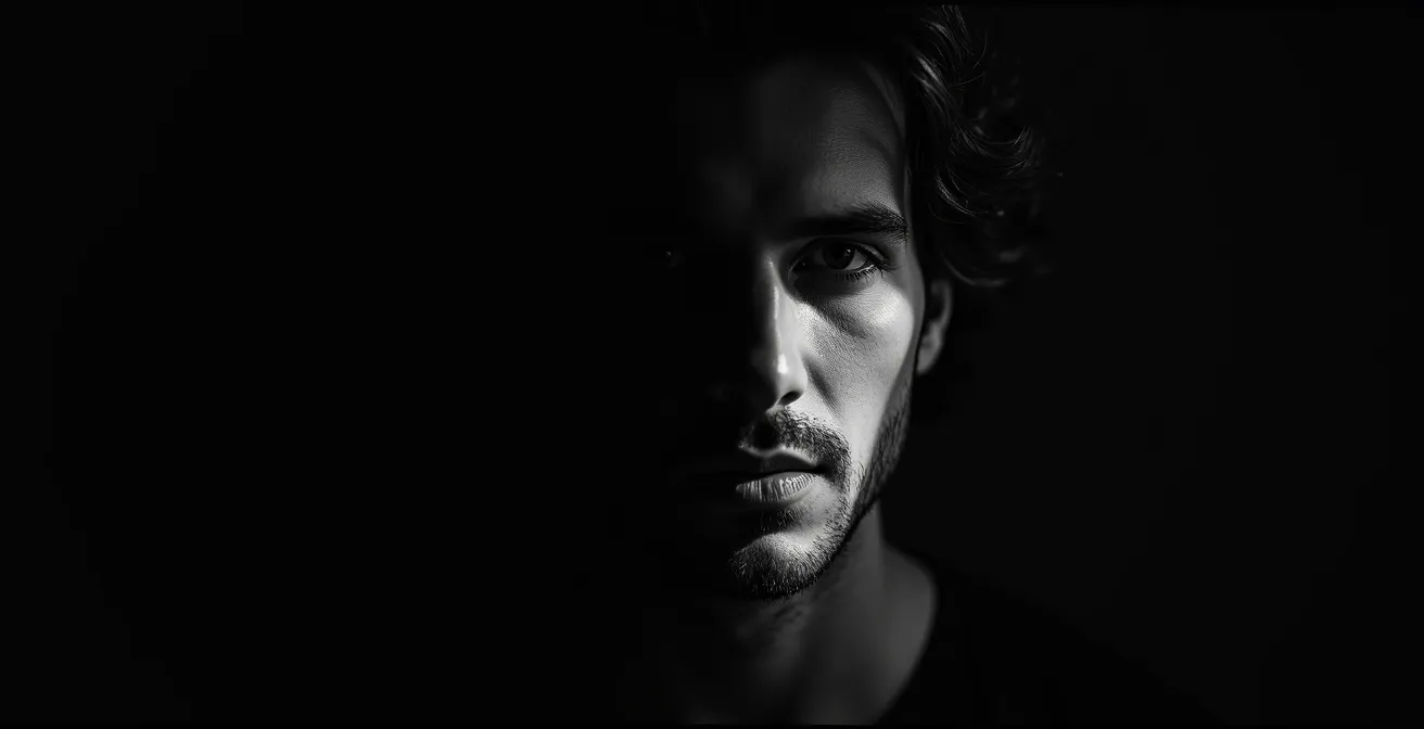 Portrait en clair-obscur avec ombres noires profondes éclairé par une unique source latérale