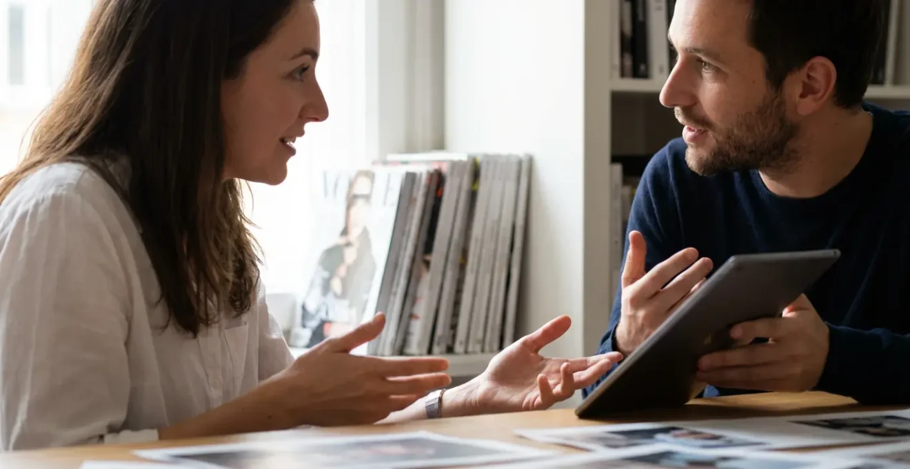 Photographe présentant son portfolio éditorial mode sur tablette à un éditeur dans un bureau de magazine