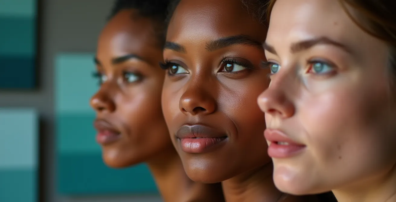 Gros plan sur un visage multiculturel montrant différentes tonalités de peau sous éclairage naturel