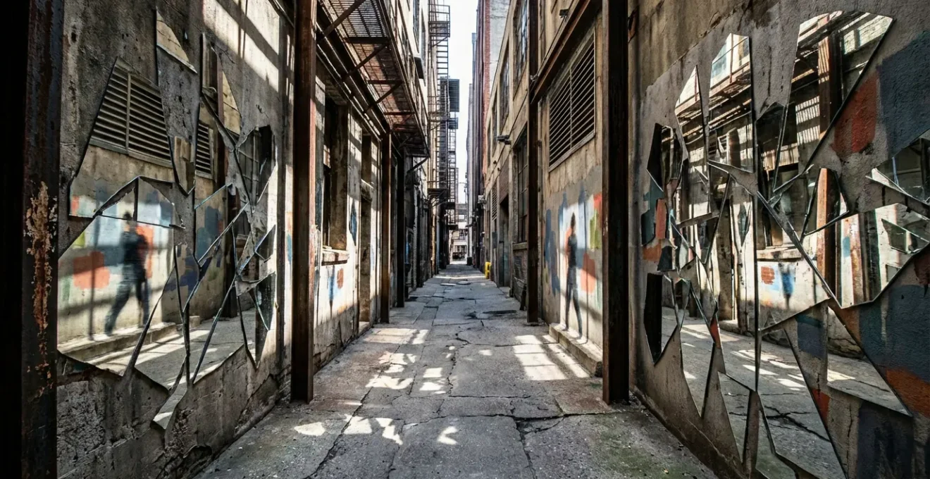 Installation artistique urbaine avec miroirs brisés reflétant les passants dans une ruelle, créant une mosaïque fragmentée de visages et de corps