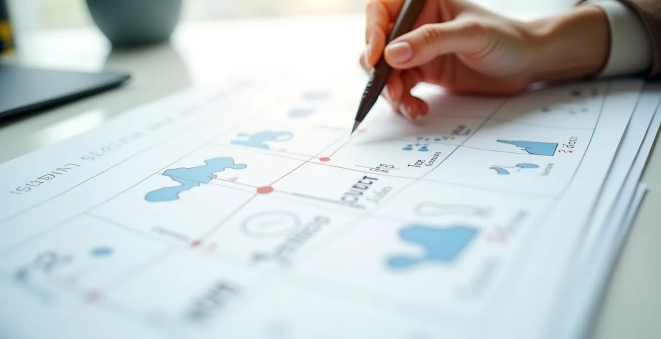 Vue minimaliste d'un calendrier avec des silhouettes d'objectifs placées sur différentes dates