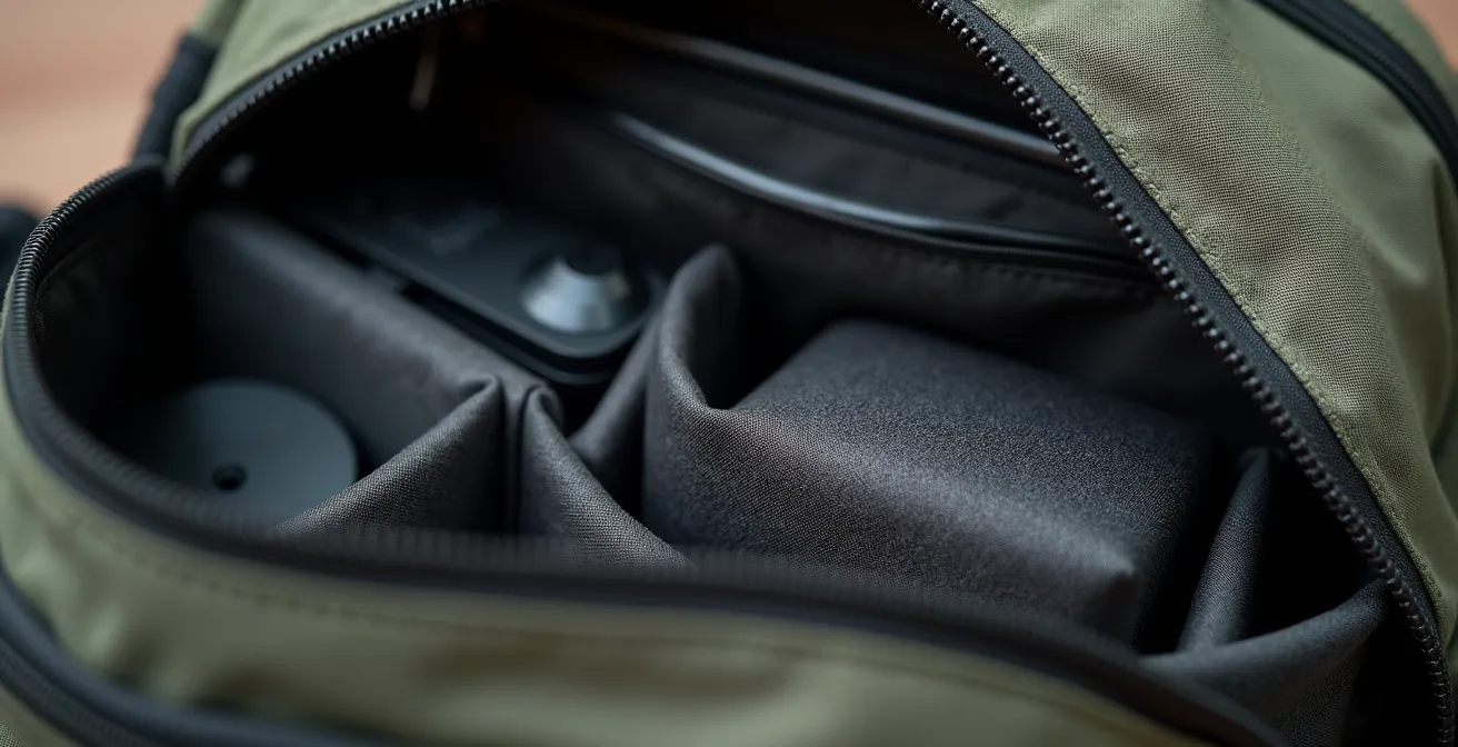 Sac à dos d'apparence urbaine normale avec insert photo caché à l'intérieur